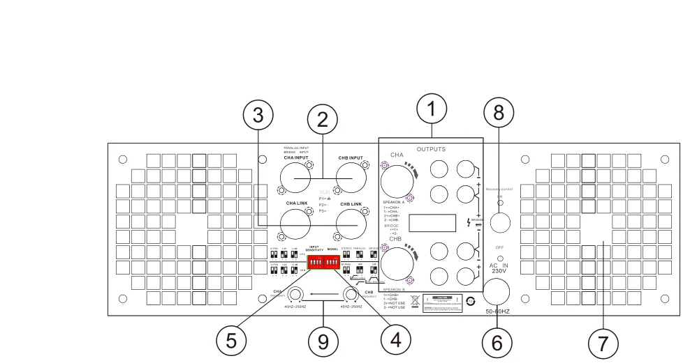 Audio Pulse CH Series rear panel showing XLR inputs, output connectors, cooling fans and operating controls